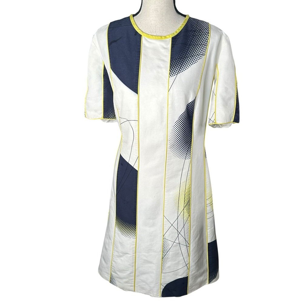 LOUIS FERAUD Ivory Navy Green 100% Silk Constructivist Art Tent Dress Sz 16
